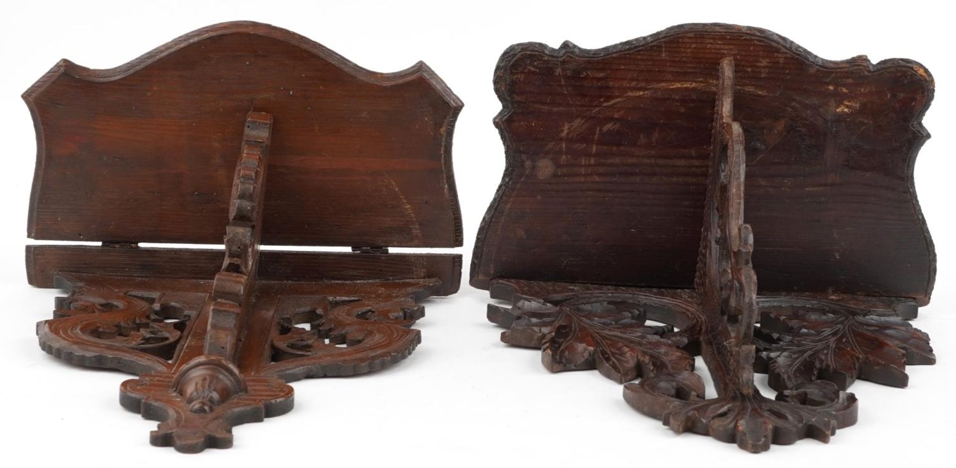 Two antique carved wood folding wall brackets including a Black Forest example, the largest 32cm - Image 4 of 4