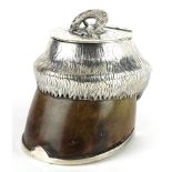 Horse hoof inkwell with silver plated mounts and cranberry glass liner, 12.5cm high : For further