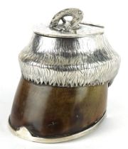Horse hoof inkwell with silver plated mounts and cranberry glass liner, 12.5cm high : For further