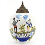 19th century style faience glazed tobacco jar and cover hand painted with two figures inscribed