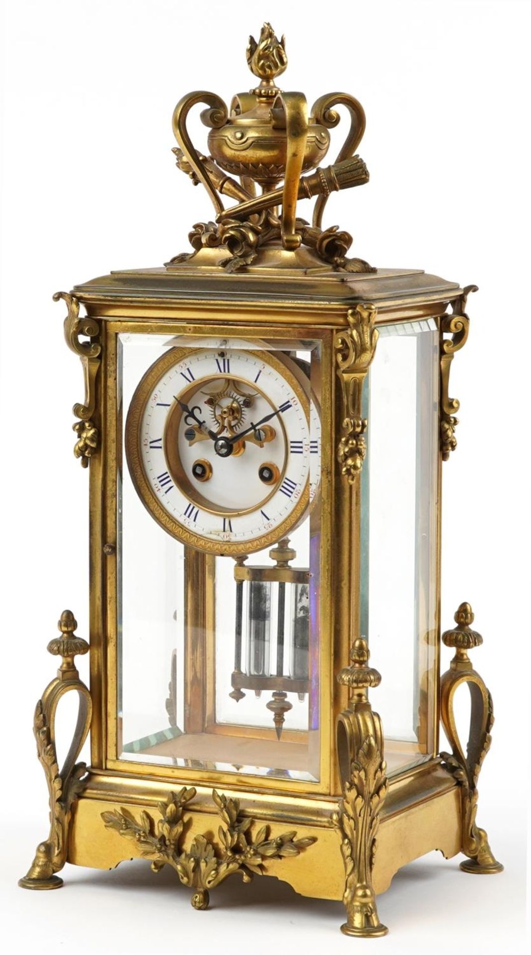 19th century French ormolu four glass mantle clock striking on a bell with visible Brocot escapement