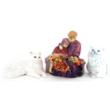 Royal Doulton The Flower Seller's Children figure group and two cats comprising David Sharp and