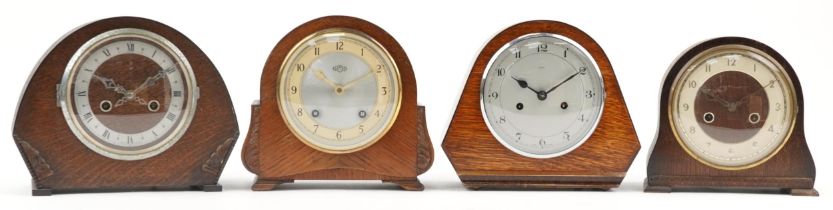 Four Art Deco oak striking mantle clocks comprising Garrard, Smiths and two Enfield, the largest