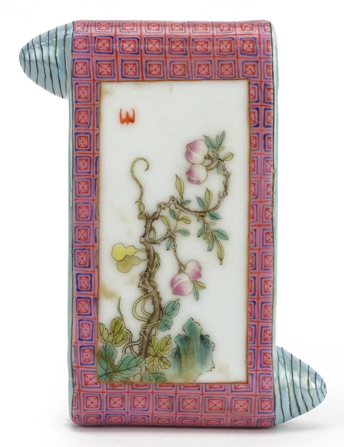 Chinese porcelain scholar's wrist rest in the form of a scroll hand painted in the famille rose - Image 7 of 9