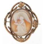 Large Victorian gilt metal mourning cameo brooch carved with a maiden with eagle, 7.5cm high, 36.