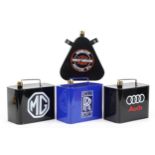 Four advertising decorative oil cans comprising Harley Davidson Motorcycles, MG, Rolls Royce and