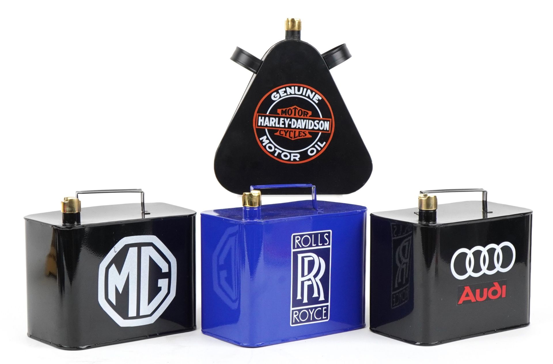 Four advertising decorative oil cans comprising Harley Davidson Motorcycles, MG, Rolls Royce and