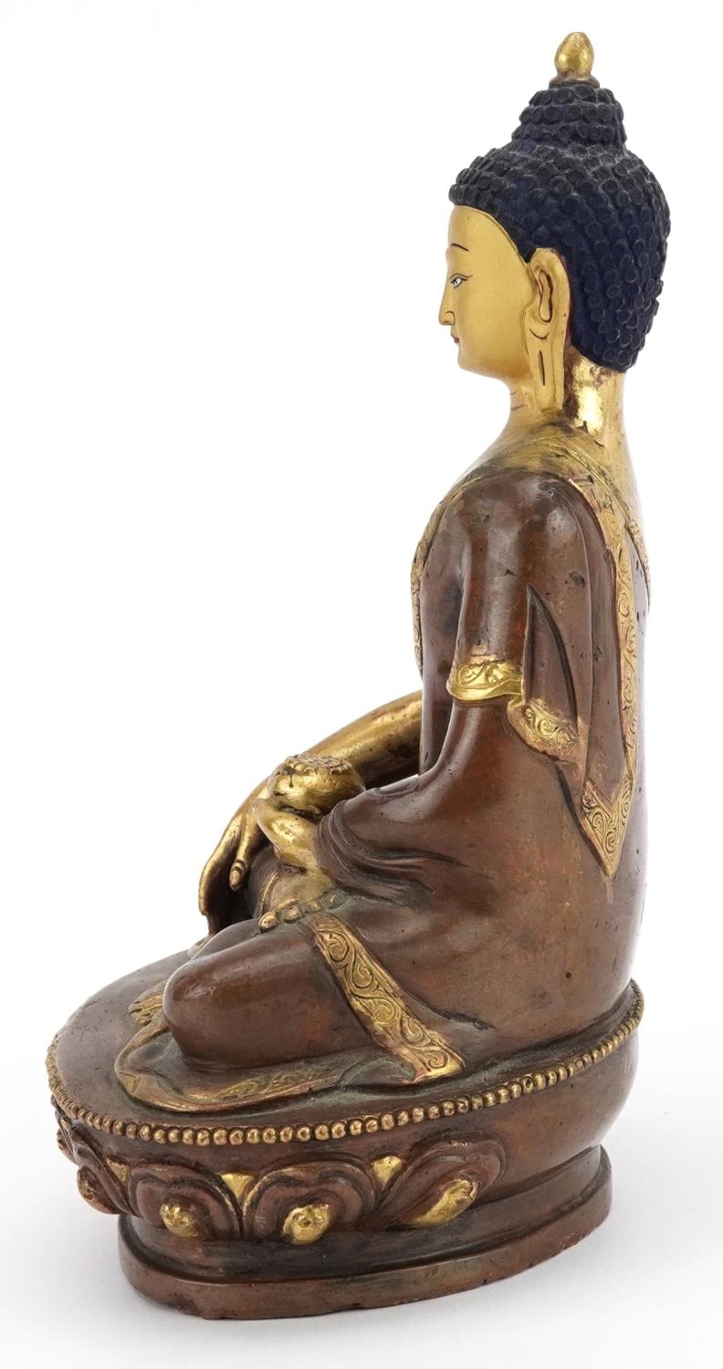 Chino Tibetan partially gilt bronze figure of seated Buddha, 20cm high : For further information - Image 2 of 7