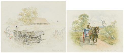 Christopher I Jarvis - Workhorse and cart before farm building, pair of watercolours, each