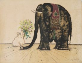 Ronald Searle - Elephant, print in colour, unframed 64.5cm x 49.5cm : For further information on