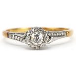 18ct gold and platinum diamond solitaire ring, the diamond approximately 0.15 carat, size O, 2.