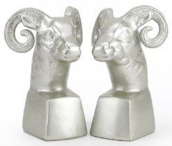 Pair of mid century style silver painted metal bookends in the form of ram's heads, each 17cm high :