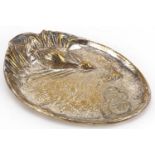 Naturalistic aesthetic silver plated dish cast with a duck chasing a frog, 15.5cm wide : For further