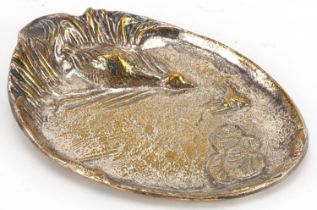 Naturalistic aesthetic silver plated dish cast with a duck chasing a frog, 15.5cm wide : For further
