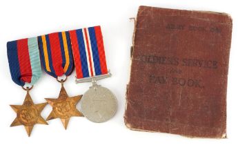 British military World War II three medal group with Soldier's Service and Pay book inscribed Edward