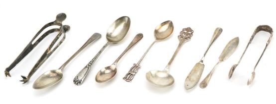 Georgian and later silver including sugar tongs and teaspoons, the largest 12cm in length, total