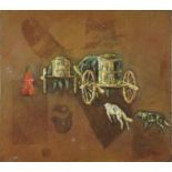 Cattle pulling carts beside a figure, Asian school oil on canvas, partial label verso, unframed,