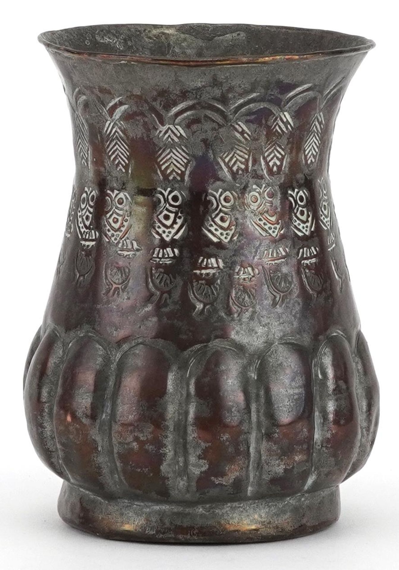 Turkish coppered white metal vessel embossed with stylised leaves, 12cm high : For further - Image 2 of 3