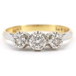 18ct gold and platinum diamond three stone ring, the largest diamond approximately 2.4mm in