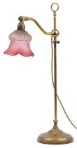 Art Nouveau style brass adjustable desk lamp with acid etched cranberry glass shade, 55cm high : For