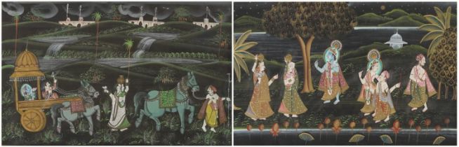 Deities and Procession, near pair of Indian watercolour on silks, framed and glazed, the largest