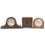 Three oak cased mantle clocks, one with Westminster chime : For further information on this lot