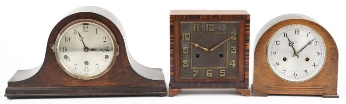 Three oak cased mantle clocks, one with Westminster chime : For further information on this lot