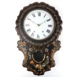 Victorian lacquered drop dial wall clock hand painted with flowers with circular dial having Roman