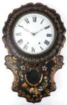 Victorian lacquered drop dial wall clock hand painted with flowers with circular dial having Roman