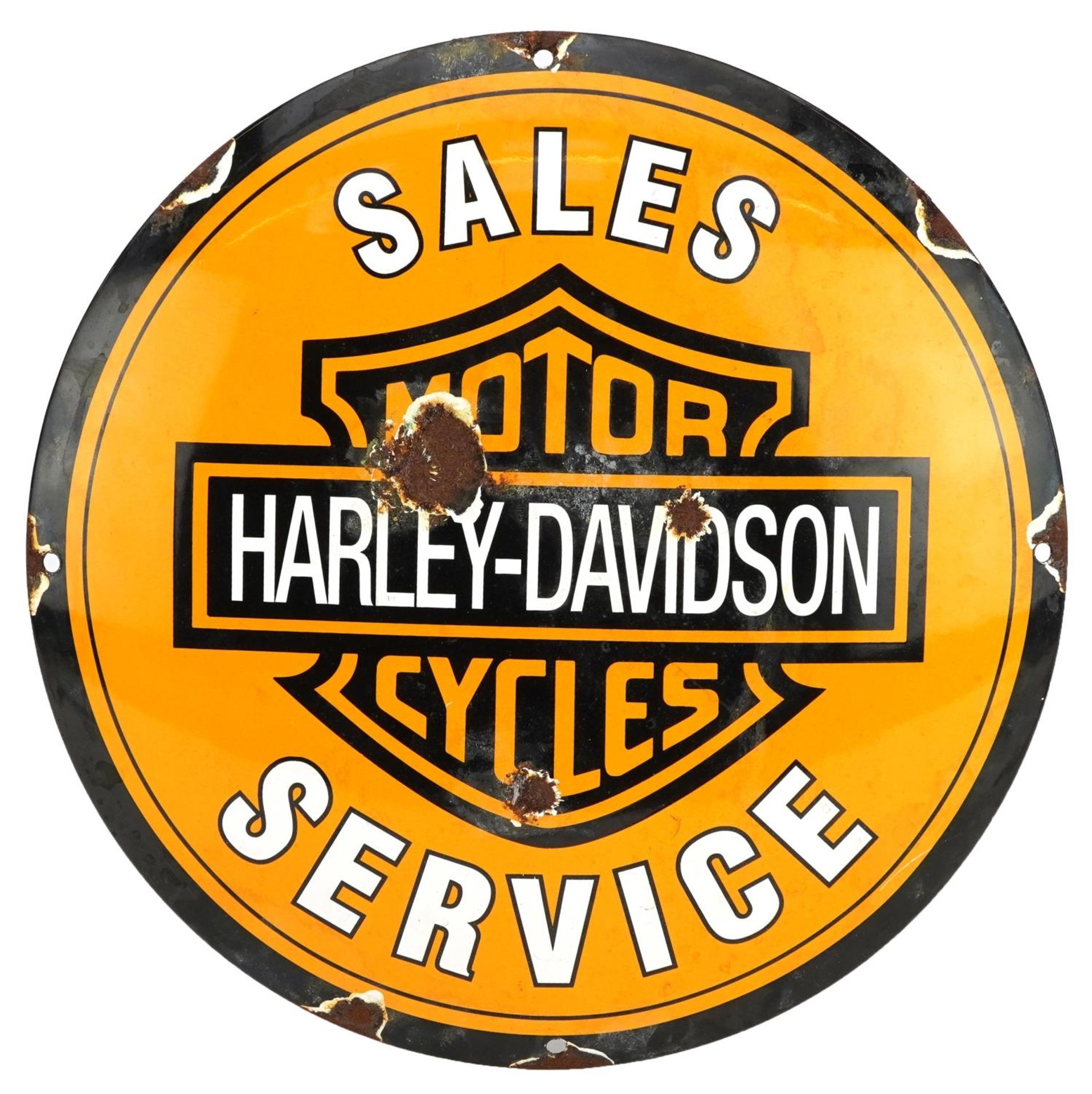 Harley Davidson Motorcycles enamel advertising sign, 30cm in diameter : For further information on