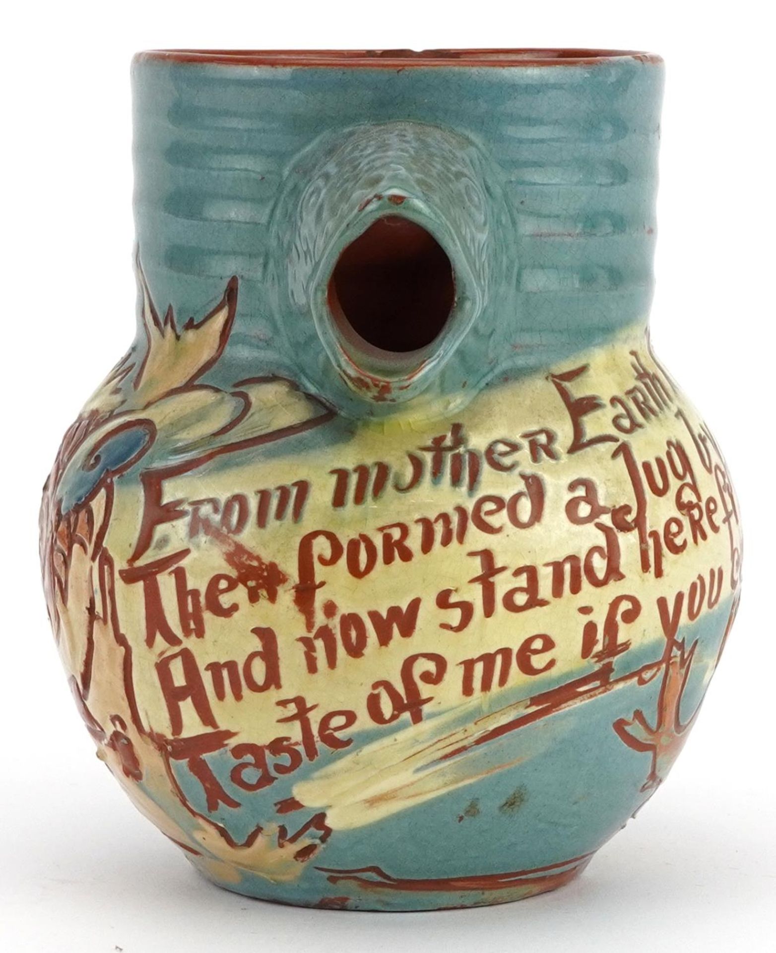 C H Brannam, Arts & Crafts jug with fish spout and incised motto, 14.5cm high : For further - Bild 2 aus 4