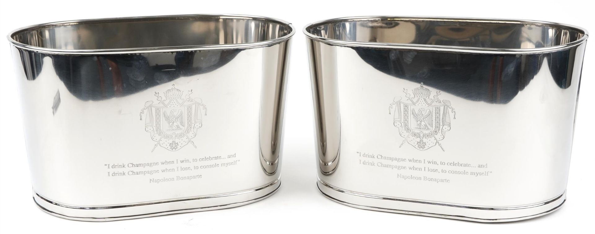 Pair of Champagne ice buckets with Lily Bollinger and Napoleon Bonaparte mottos, 26cm H x 43cm W x