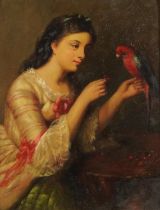 After Edward John Poynter - Girl with her pet parrot, oleograph, framed, 24cm x 19cm excluding the