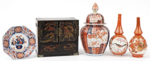 Japanese ceramics and woodenware including an Imari vase, Imari plate, Satsuma vases and a wooden