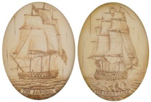 Two oval scrimshaw style plaques engraved with frigates titled The Reboutable and the Amphion,