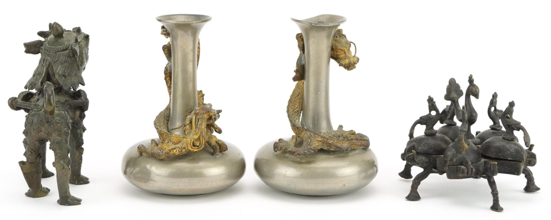 Indian and Asian metalware including a pair of pewter vases surmounted with dragons, the largest - Image 4 of 6