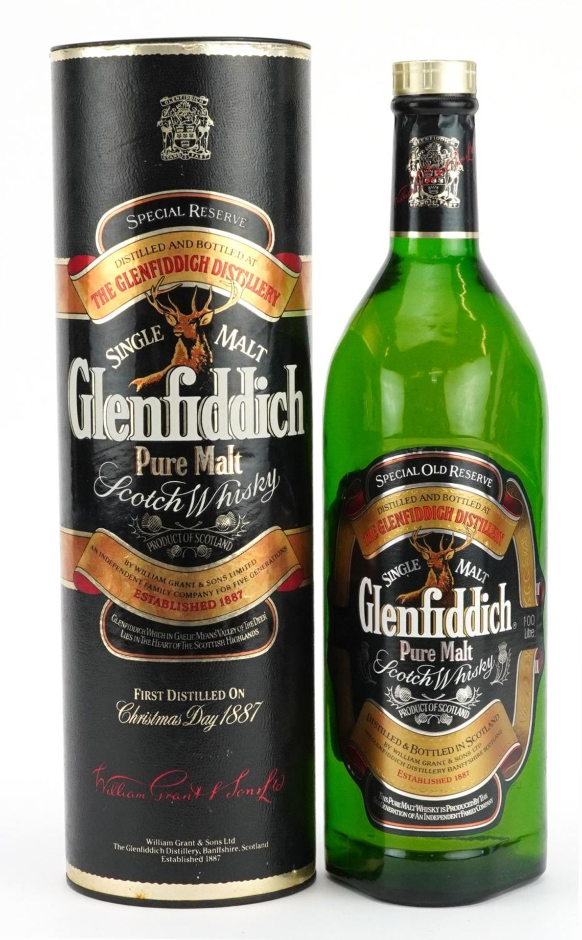 One litre bottle of Glenfiddich Pure Malt Scotch whisky with box, first distilled on Christmas day