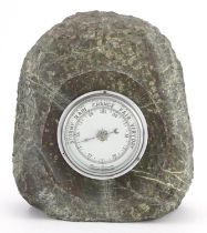 Early 20th century aneroid barometer housed in a naturalistic carved serpentine marble case, 27cm