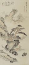 Chinese wall hanging scroll hand painted with figures in a mountainous landscape, 85cm x 38cm :