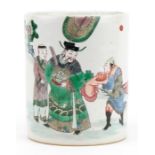 Chinese porcelain cylindrical brush pot hand painted in the famille verte palette with an emperor