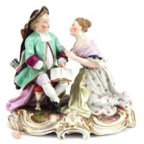 19th century Meissen hand painted figure group of lovers, blue crossed sword mark to the base,