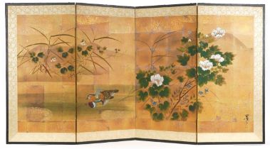 Chinese four fold room divider hand painted with ducks in water amongst flowers, with calligraphy