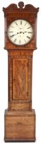 Antique mahogany grandfather clock with painted dial having Roman numerals and two subsidiary dials,