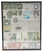 Framed picture of English banknotes including five pound notes, pound notes and ten shilling