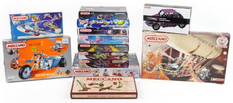 Fourteen Meccano construction sets with boxes including numbers 6700, 0020, 0010, 8651 and
