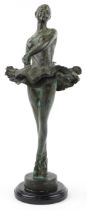 After Edgar Degas, large verdigris patinated bronze ballerina raised on a circular marbleised