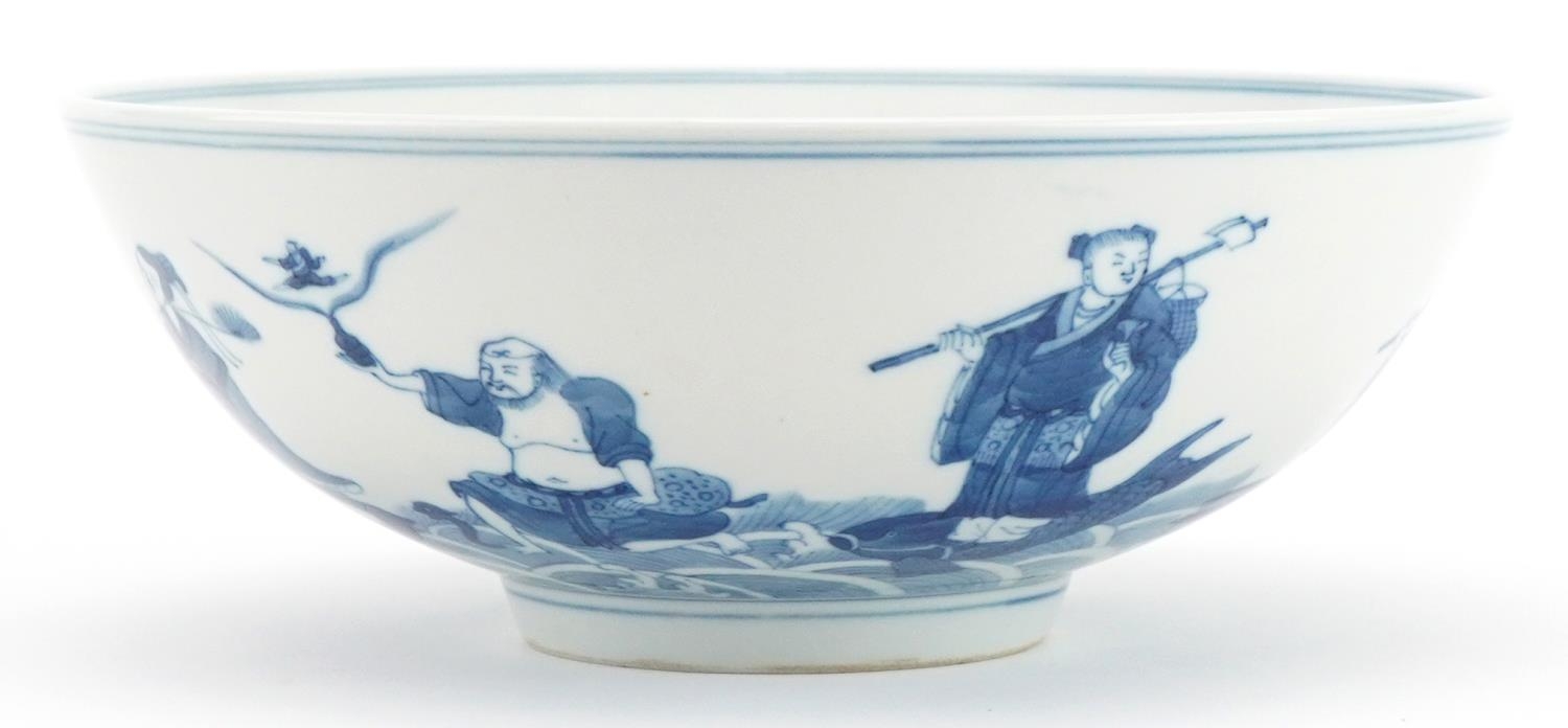 Chinese porcelain footed bowl hand painted with immortals above crashing waves, six figure character - Image 3 of 7