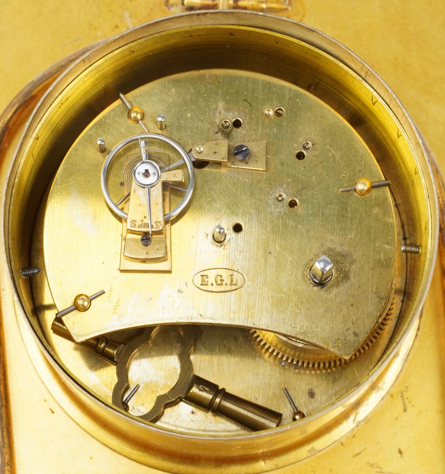 Gay, Lamaille and Co hand painted floral and butterfly brass strut clock with folding stand, - Image 3 of 5