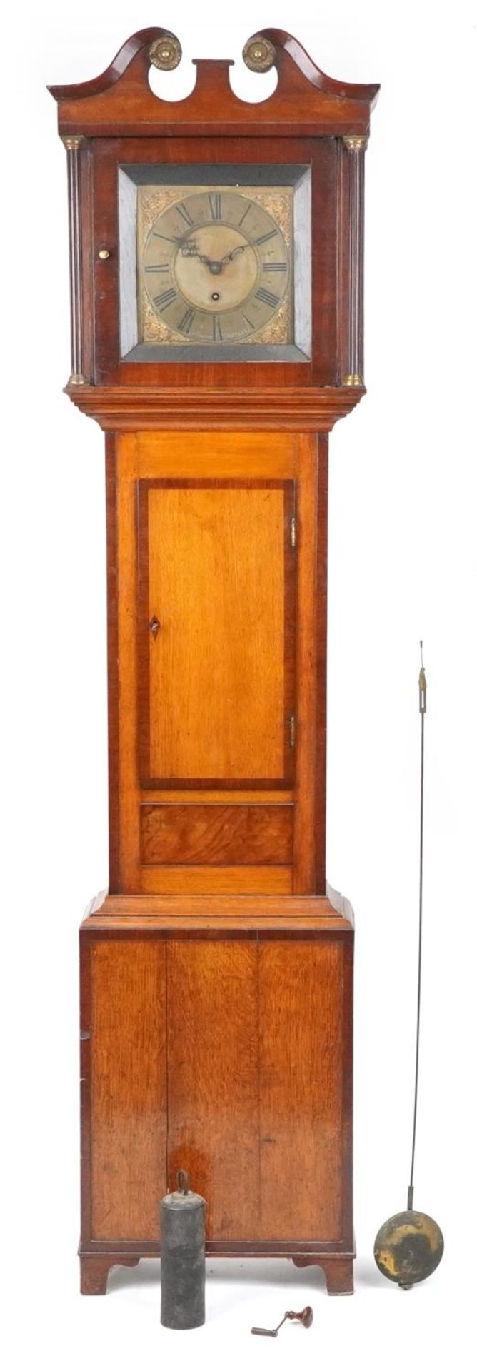 19th century inlaid oak cased grandfather clock with brass dial having Roman numerals, engraved - Image 4 of 6