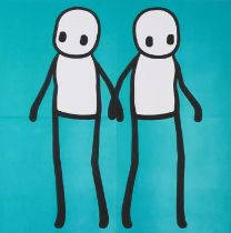 After Stik - Two stickmen, street artist school print in colour, framed and glazed, 65cm x 65cm